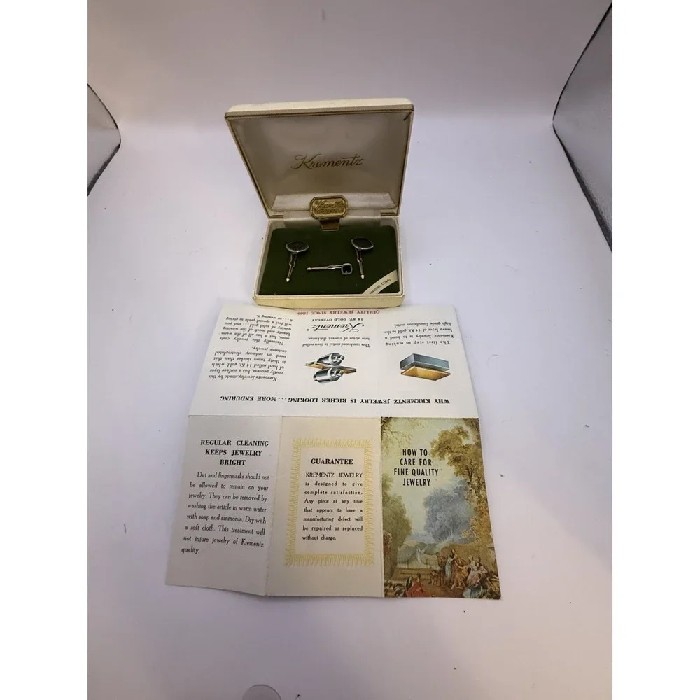Vintage Krementz 14kt Gold Overlay Cufflinks & Tie Bar w/ Box